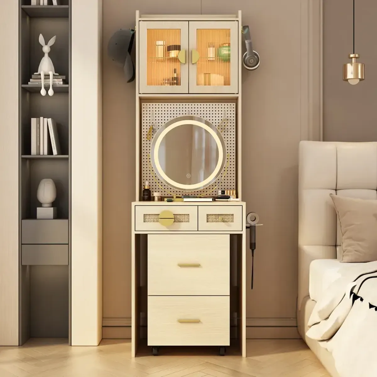 Small Vanity Desk with Mirror and LED Lights – Compact Makeup Table with Illuminated Mirror and Storage