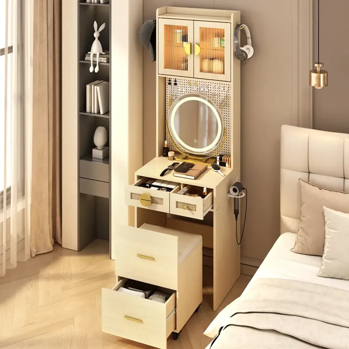 Small Vanity Desk with Mirror and LED Lights – Compact Makeup Table with Illuminated Mirror and Storage