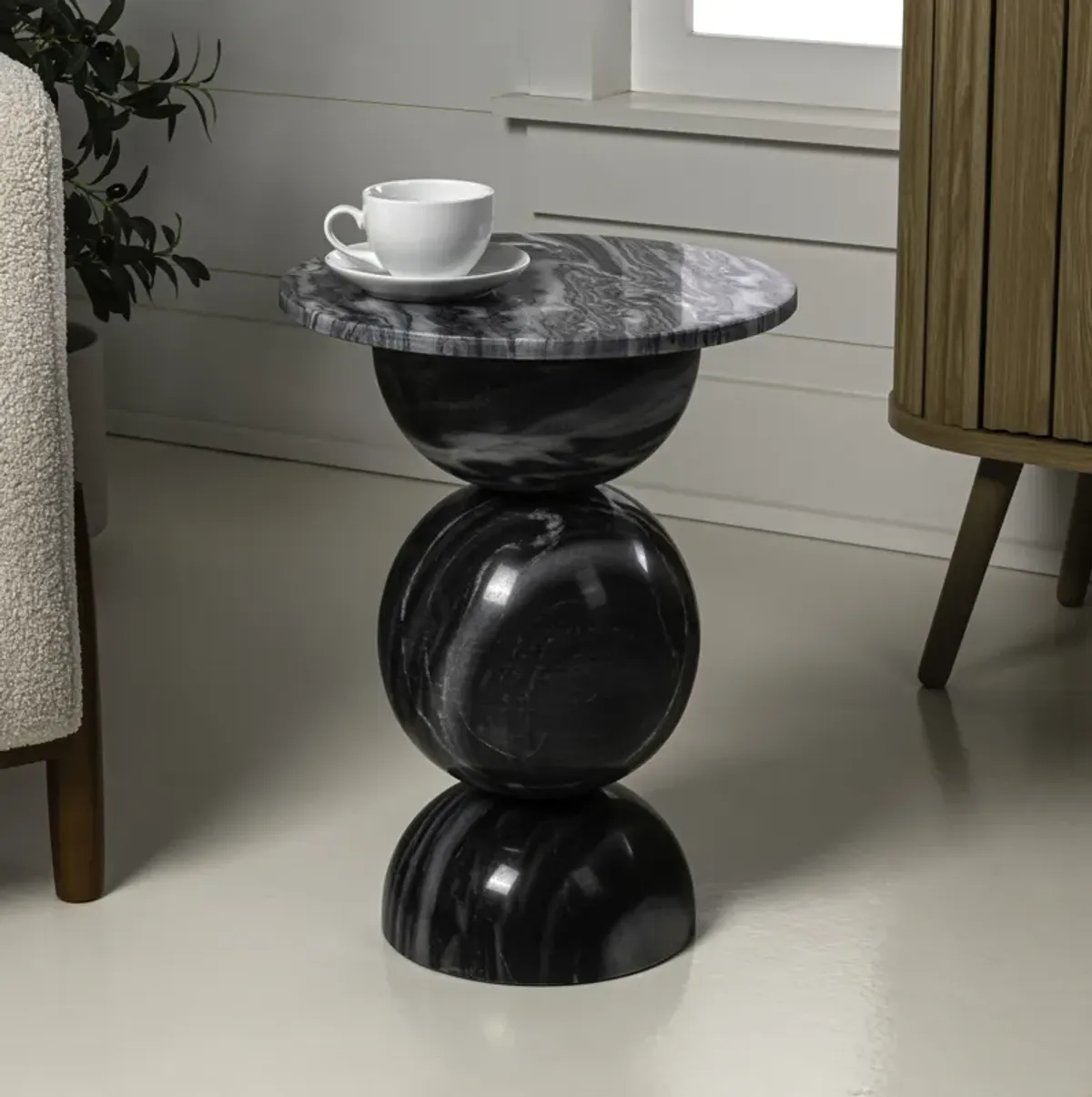 Aura 14" Modern Natural Marble Handmade Stacked Round Pedestal End Table, Dark Gray/Light Gray