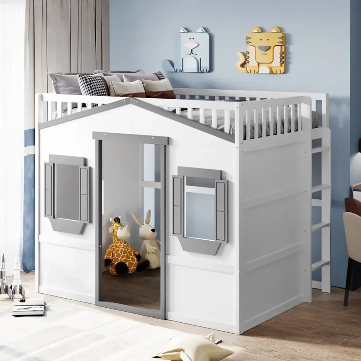 Full Size House Loft Bed With Ladder And Frame