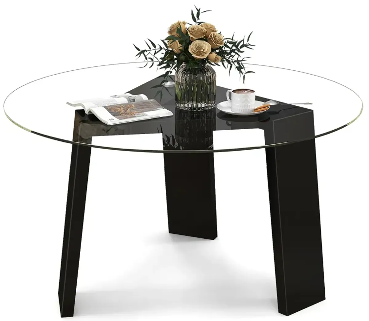 Round Glass Coffee Table with Solid Rubberwood Legs Perfect for Living Room or Home Office in Small Spaces