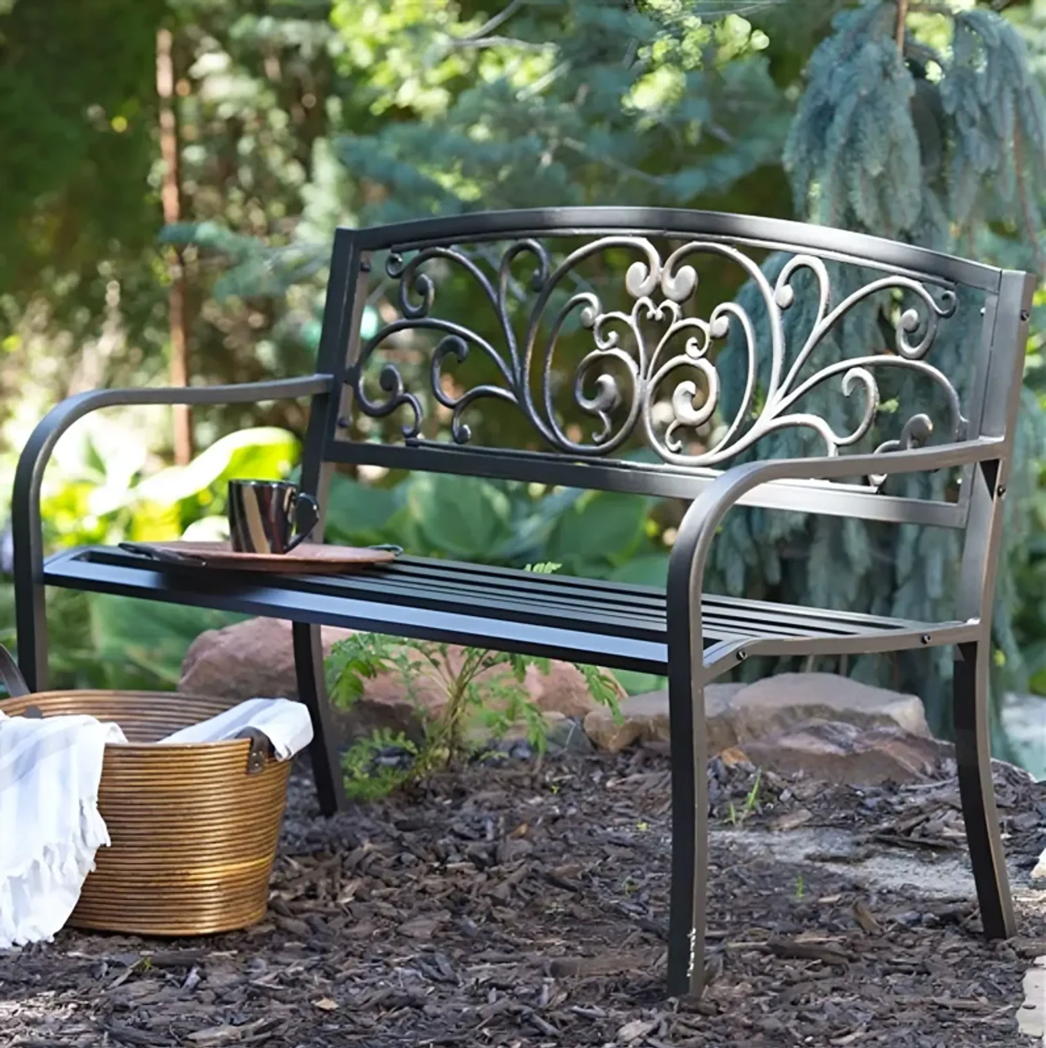 Curved Metal Garden Bench With Heart Pattern For Patio And Outdoor ...