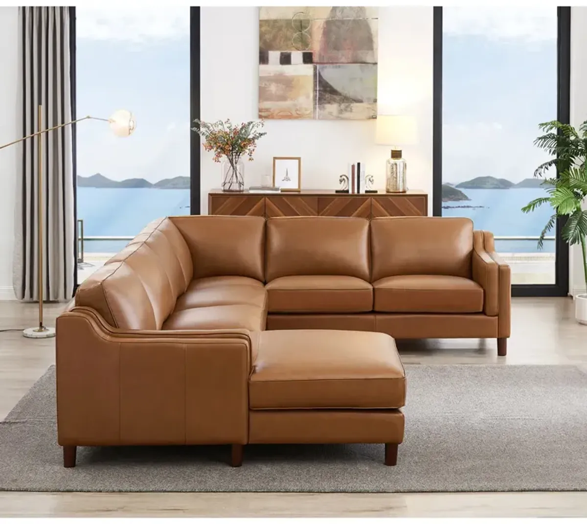 Bella Top Grain Leather U-Shaped Sectional with Left Chaise