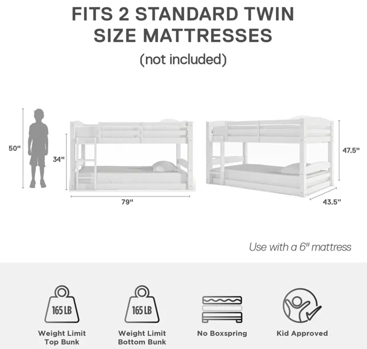 DHP Sierra Transitional Twin Bunk Beds for Kids, White