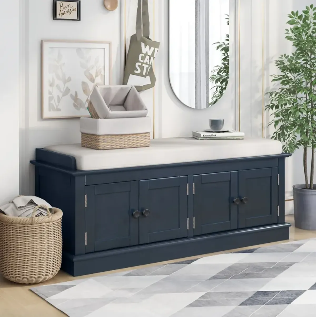 Storage Bench With 4 Doors And Adjustable Shelves, Shoe Bench With Removable Cushion