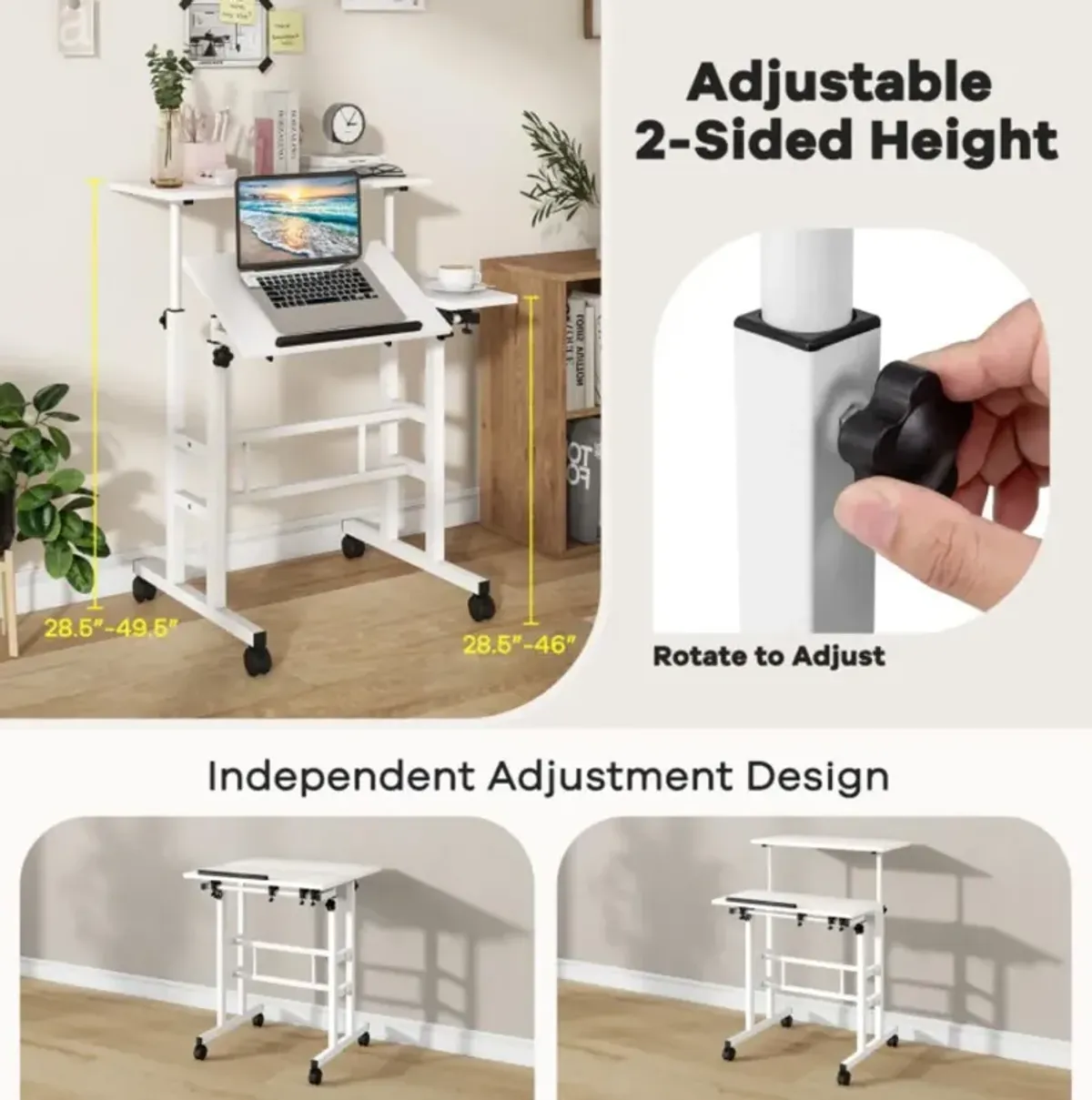 Hivvago Mobile Stand-up Computer Desk Adjustable with 2 Tilting Desktops