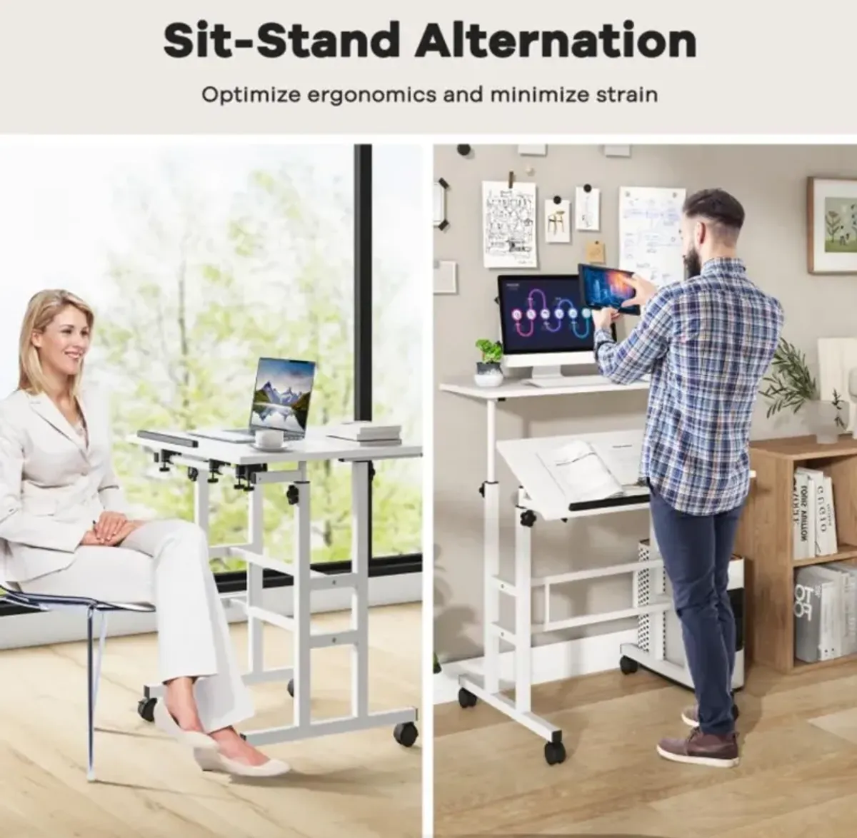 Hivvago Mobile Stand-up Computer Desk Adjustable with 2 Tilting Desktops