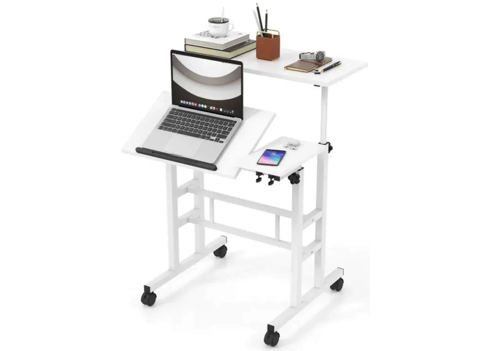 Hivvago Mobile Stand-up Computer Desk Adjustable with 2 Tilting Desktops