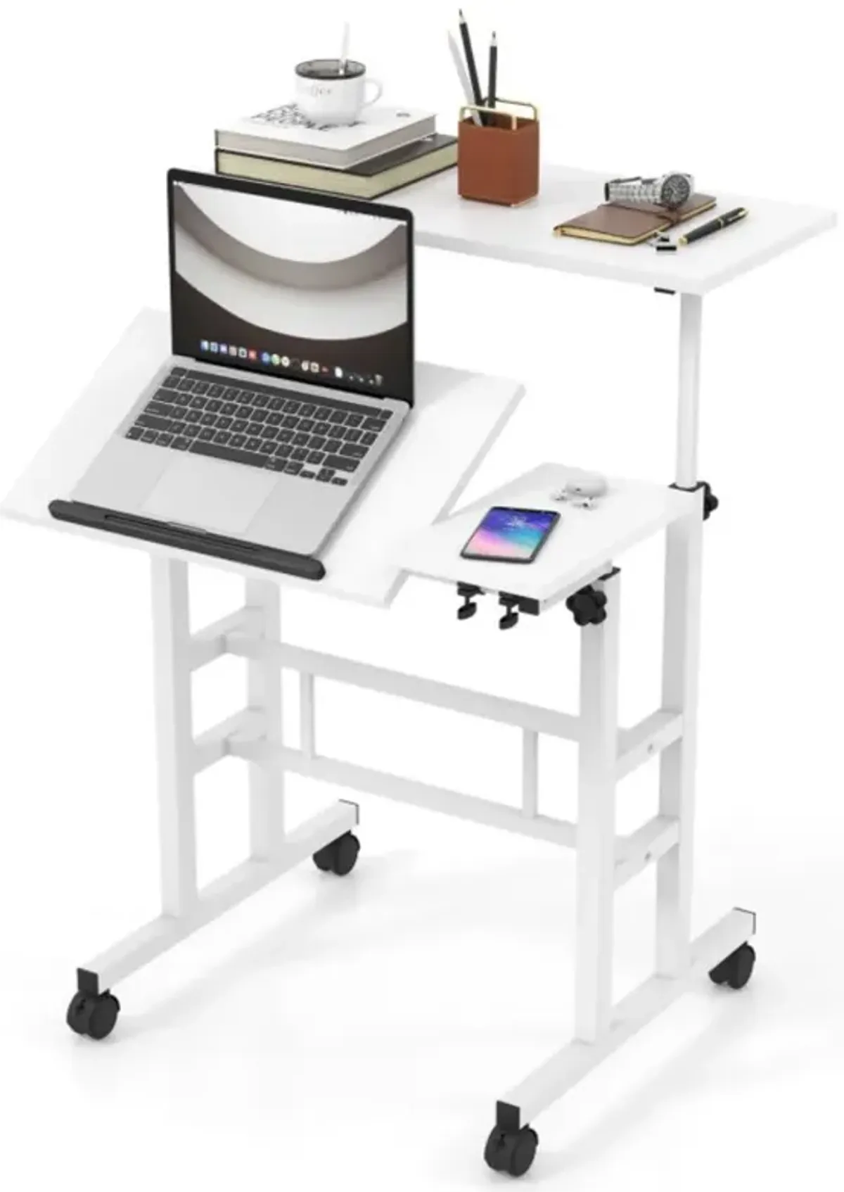 Hivvago Mobile Stand-up Computer Desk Adjustable with 2 Tilting Desktops