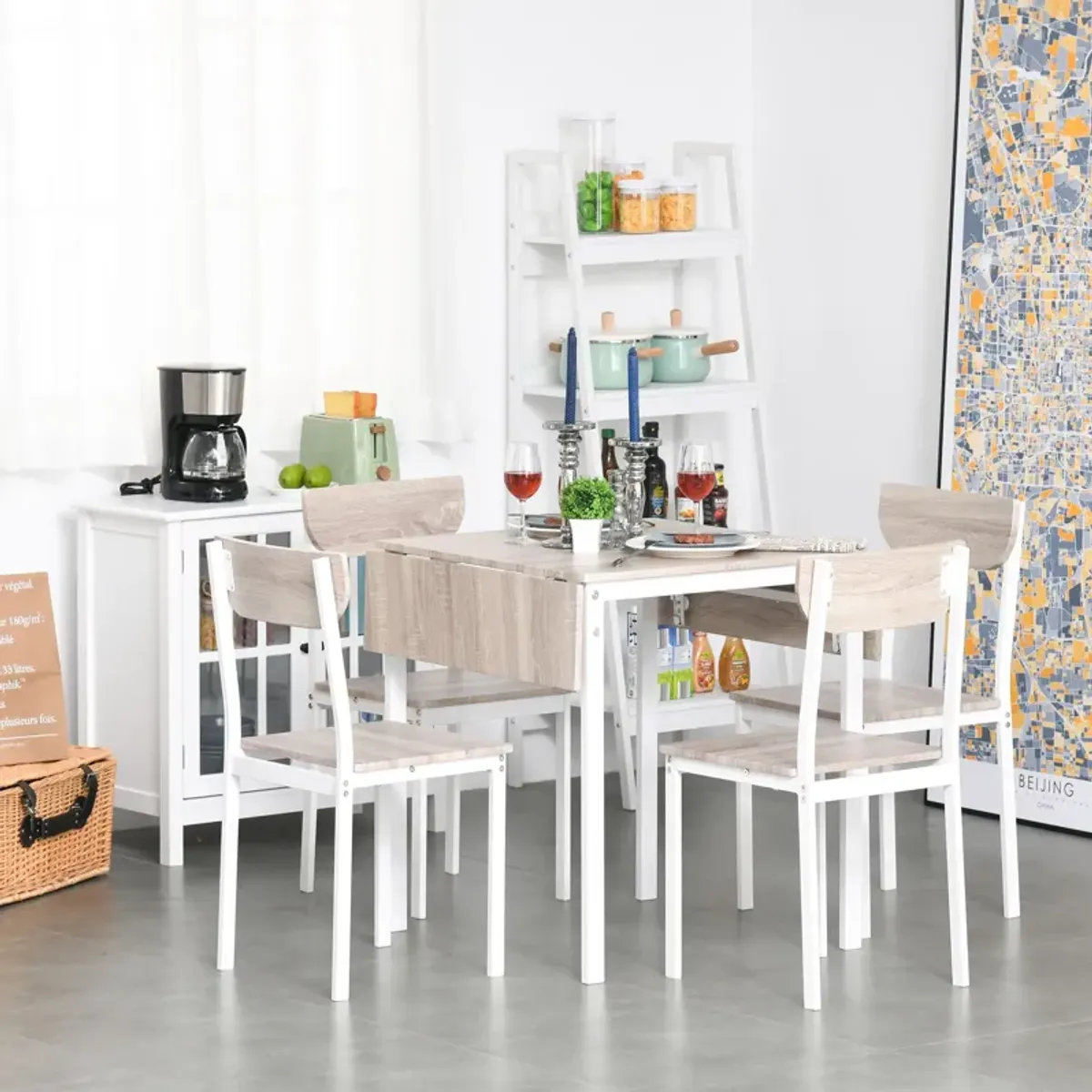 Oak/White Dining Set: 5-Piece Modern Set with Drop Leaf Table