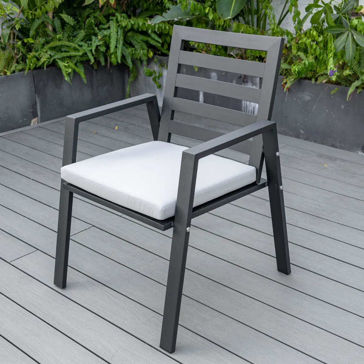 LeisureMod Chelsea Modern Patio Dining Armchair in Aluminum with Removable Cushions Set of 2 in Black