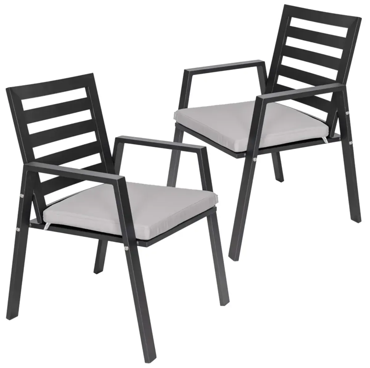 LeisureMod Chelsea Modern Patio Dining Armchair in Aluminum with Removable Cushions Set of 2 in Black