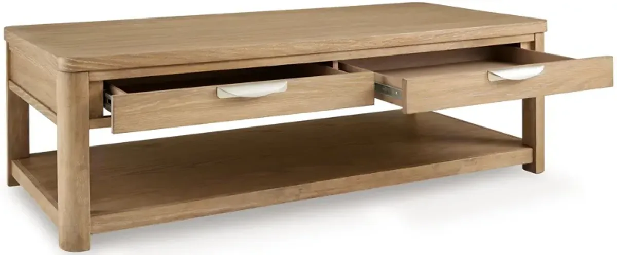 Renie Cocktail Coffee Table, 2 Drawer and Shelf, 56 Inch Brown Wood - Benzara