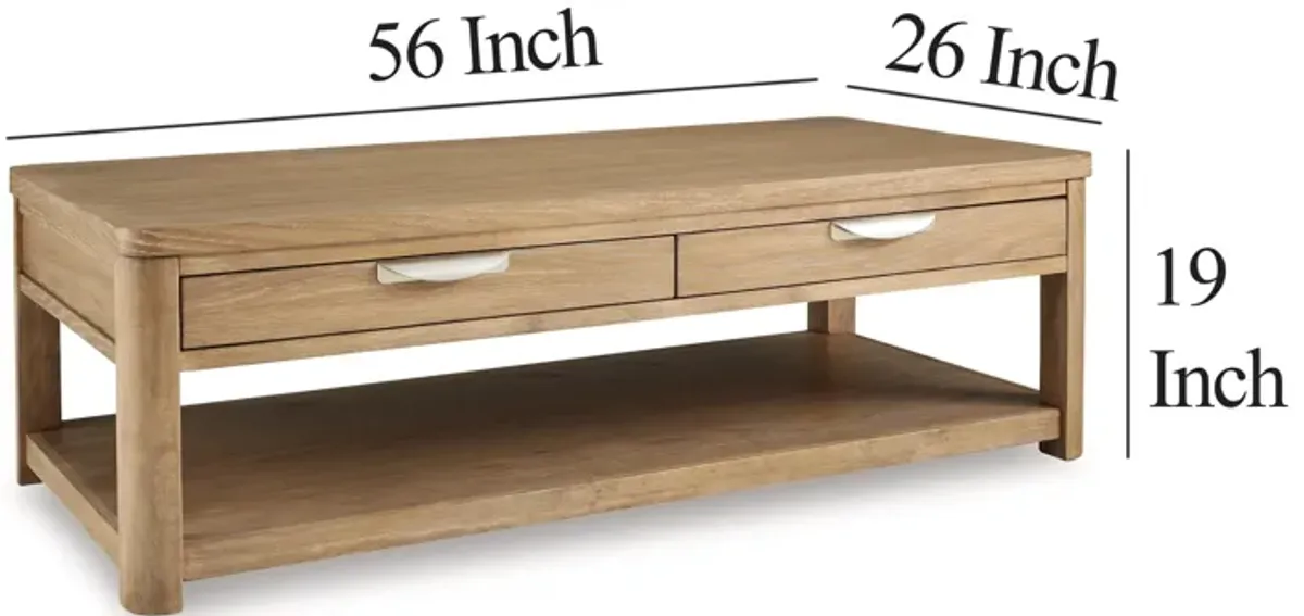 Renie Cocktail Coffee Table, 2 Drawer and Shelf, 56 Inch Brown Wood - Benzara