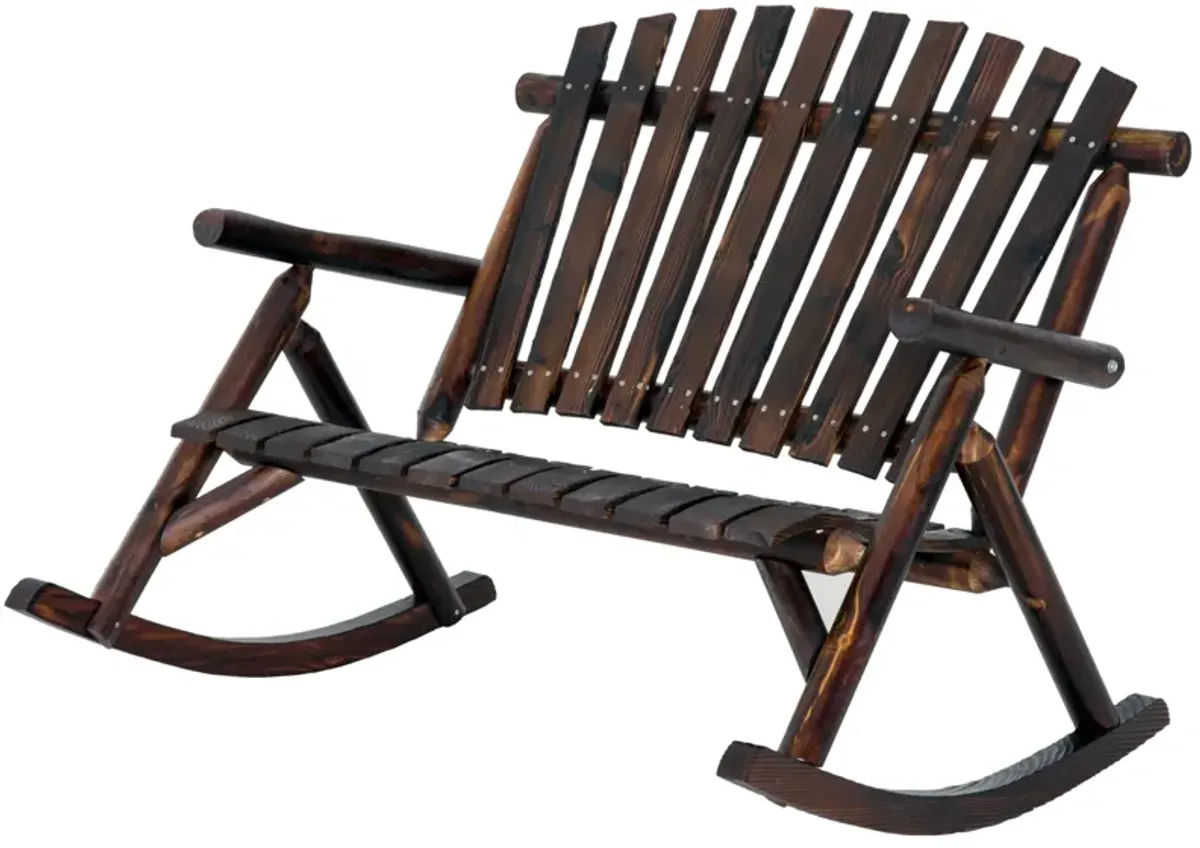 Outsunny Outdoor Wooden Rocking Chair, Double-person Rustic Adirondack Rocker with Slatted Seat, High Backrest, Armrests for Patio, Garden and Porch, Carbonized