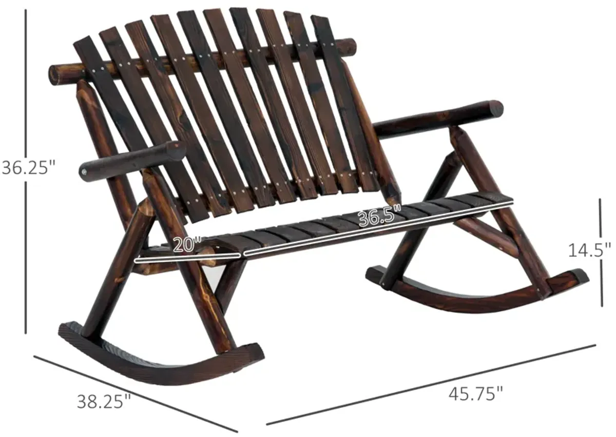 Outsunny Outdoor Wooden Rocking Chair, Double-person Rustic Adirondack Rocker with Slatted Seat, High Backrest, Armrests for Patio, Garden and Porch, Carbonized