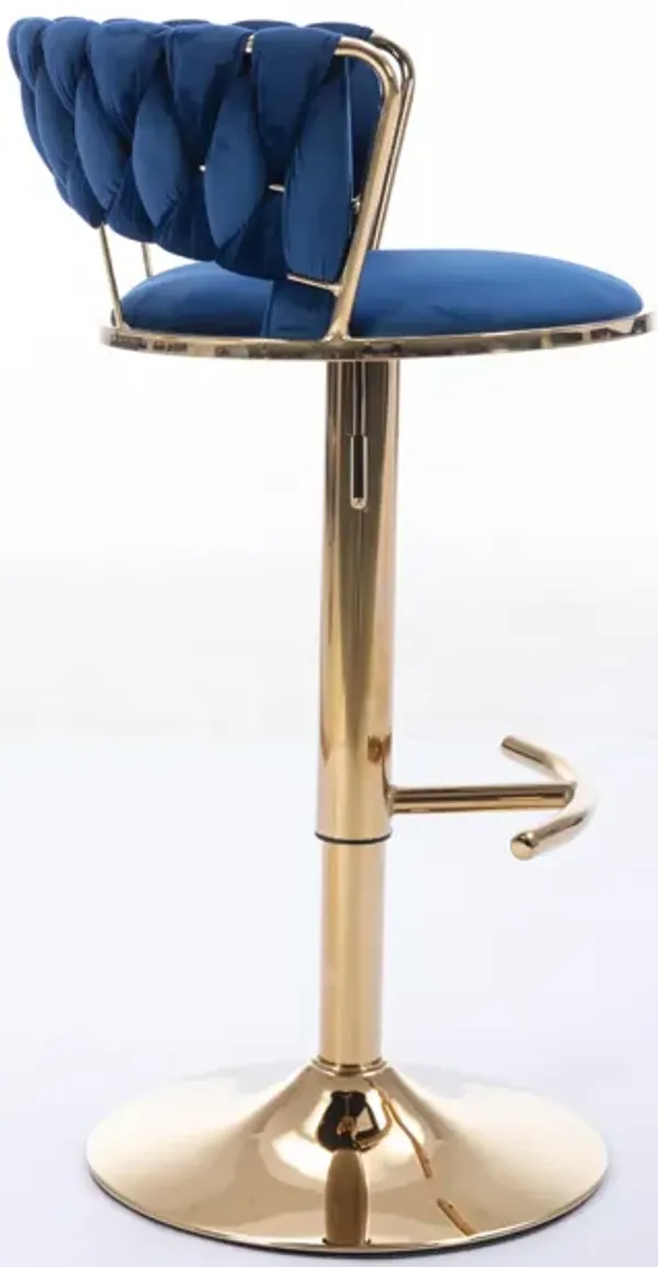 Set of 2 Bar Stools, with Chrome Footrest and Base Swivel Height Adjustable Mechanical Lifting Velvet + Golden Leg Simple Bar Stool-BLUE