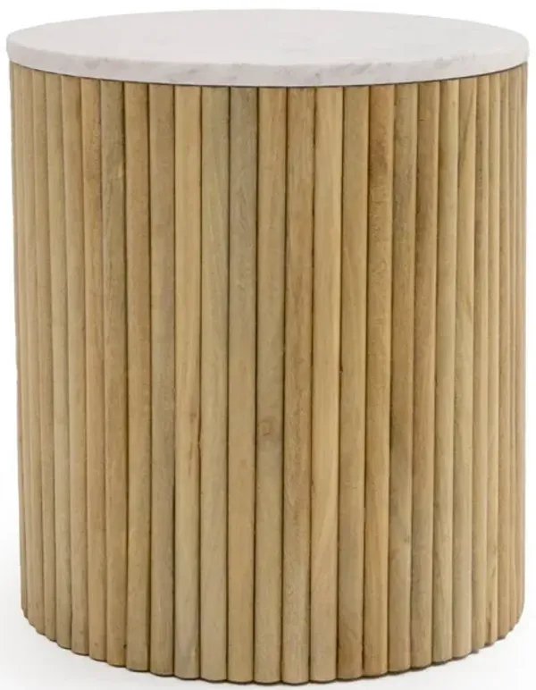 Cid Jolie 18 Inch Side End Table, White Marble Top, Brown Mango Wood Base - Benzara