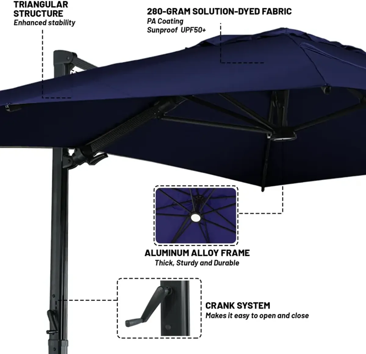 10x13 ft. 360° Rotation Square Cantilever Patio Umbrella with LED Light in Navy Blue