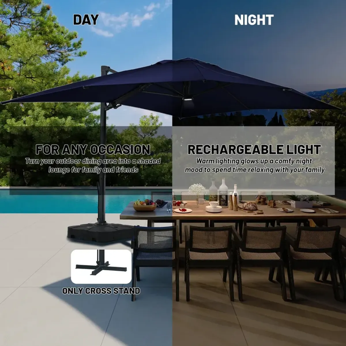 10x13 ft. 360° Rotation Square Cantilever Patio Umbrella with LED Light in Navy Blue