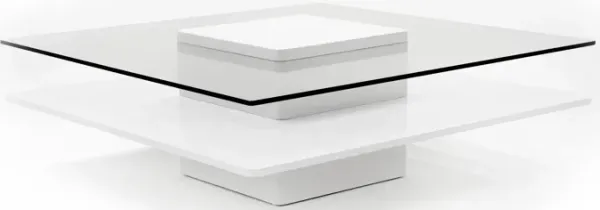 Cid Cobi Coffee Table, 39 Inch Square Clear Glass Top, White Veneer Base - Benzara