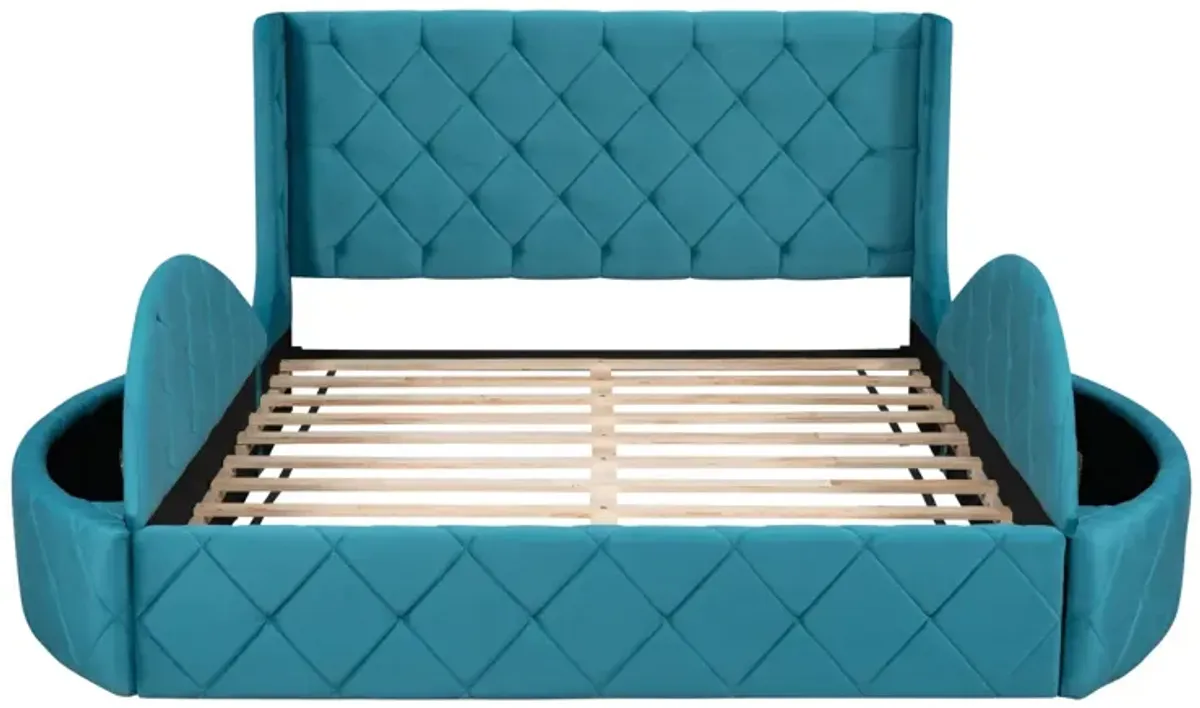 Upholstered Platform Bed Queen Size Storage Velvet Bed With Wingback Headboard And 1 Drawer