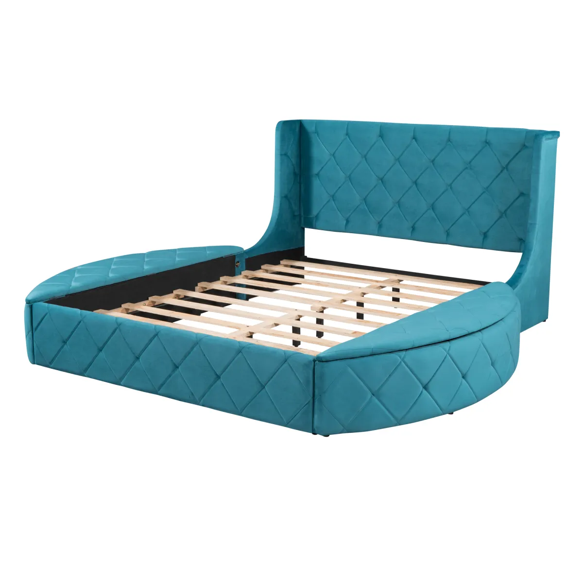 Upholstered Platform Bed Queen Size Storage Velvet Bed with Wingback Headboard and 1 Big Drawer, 2 Side Storage Stool(Beige)
