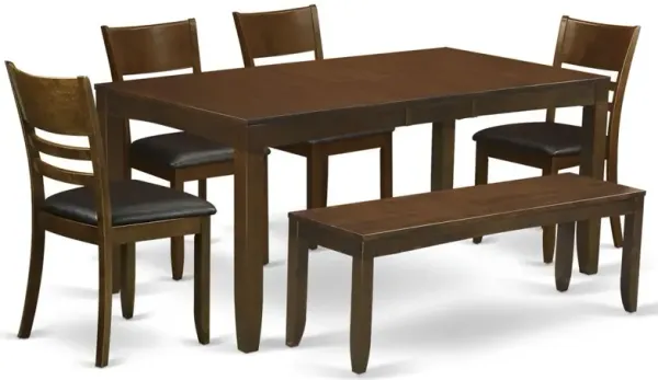 6 Pc Dining room set with bench-Table with Leaf and 4 Kitchen Chairs Plus 1 Bench