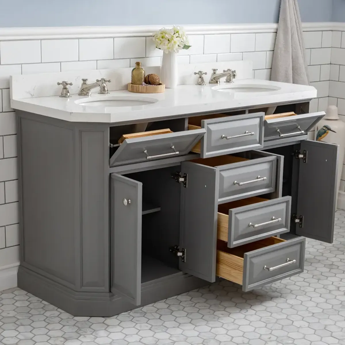 Palace 60 In. Double Sink Carrara Quartz Countertop Bath Vanity in Cashmere Grey with Polished Nickel (PVD) Hardware