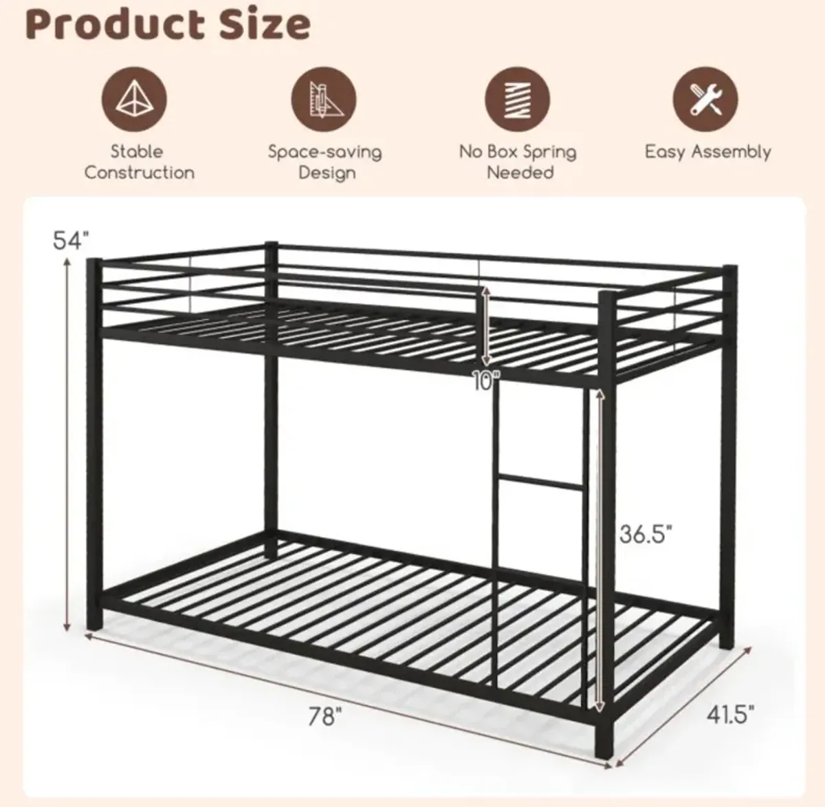 Hivvago Low Profile Twin Over Twin Metal Bunk Bed with Full-length Guardrails-Black