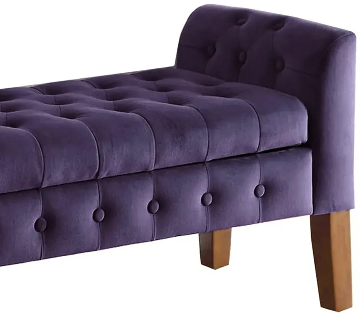 Velvet Upholstered Button Tufted Wooden Bench Settee With Hinged Storage, Purple and Brown - Benzara