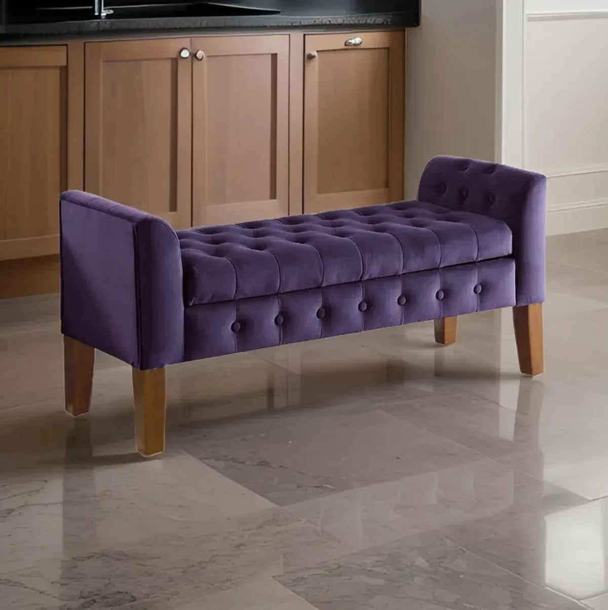 Velvet Upholstered Button Tufted Wooden Bench Settee With Hinged Storage, Purple and Brown - Benzara