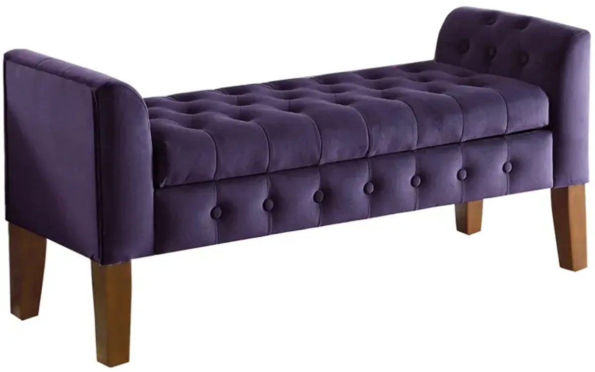 Velvet Upholstered Button Tufted Wooden Bench Settee With Hinged Storage, Purple and Brown - Benzara