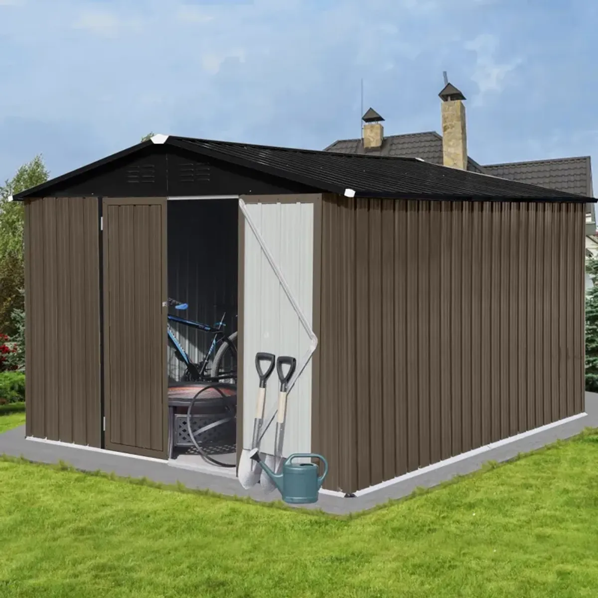 Metal Garden Sheds 10FT×8FT Outdoor Storage Sheds Brown + Black