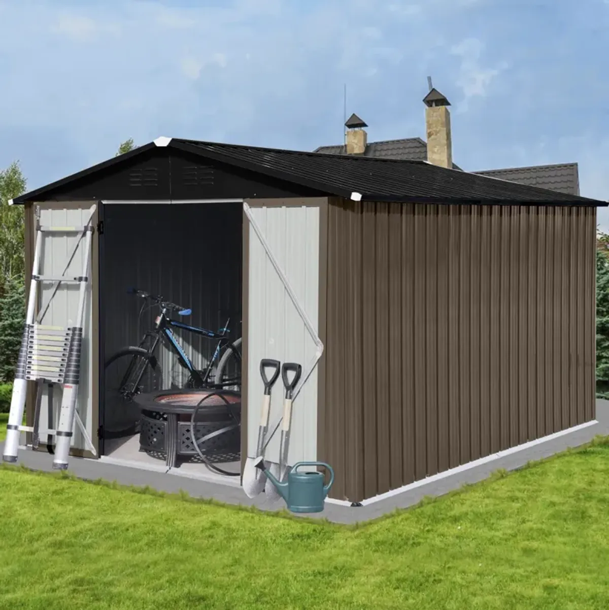 Metal Garden Sheds 10FT×8FT Outdoor Storage Sheds Brown + Black