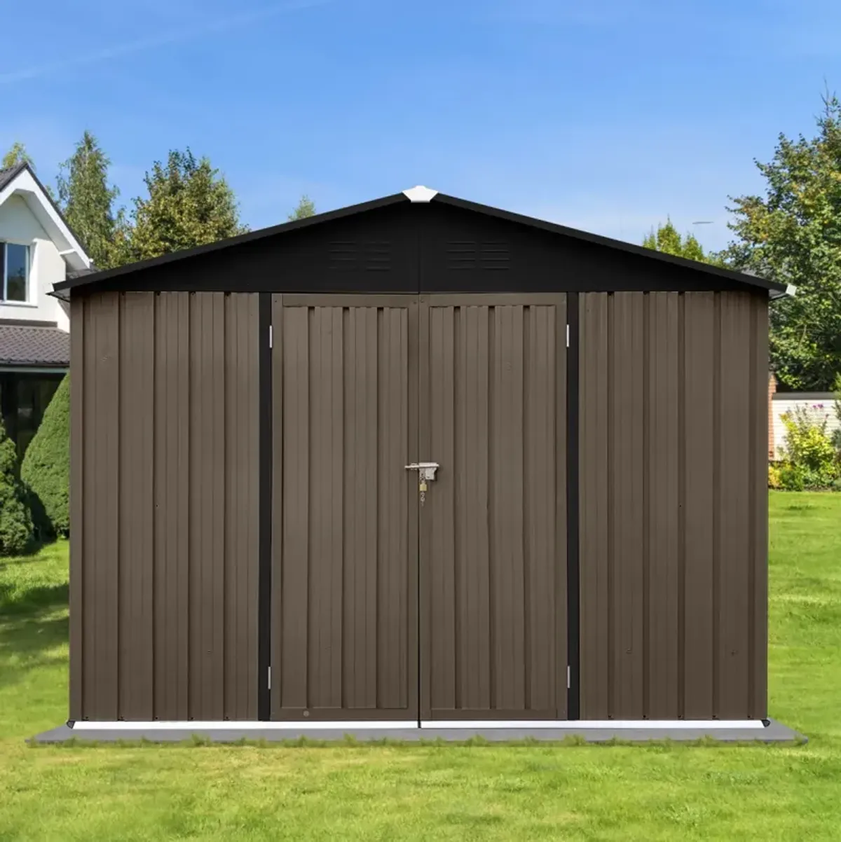 Metal Garden Sheds 10FT×8FT Outdoor Storage Sheds Brown + Black