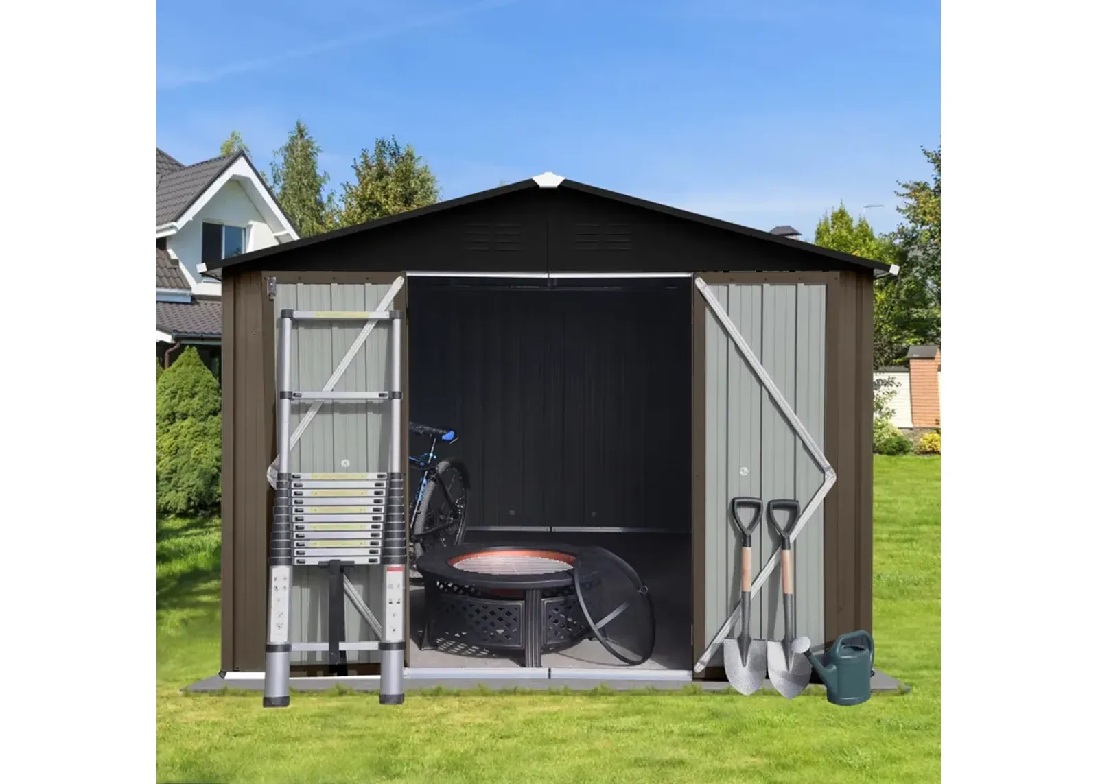 Metal Garden Sheds 10FT×8FT Outdoor Storage Sheds Brown + Black