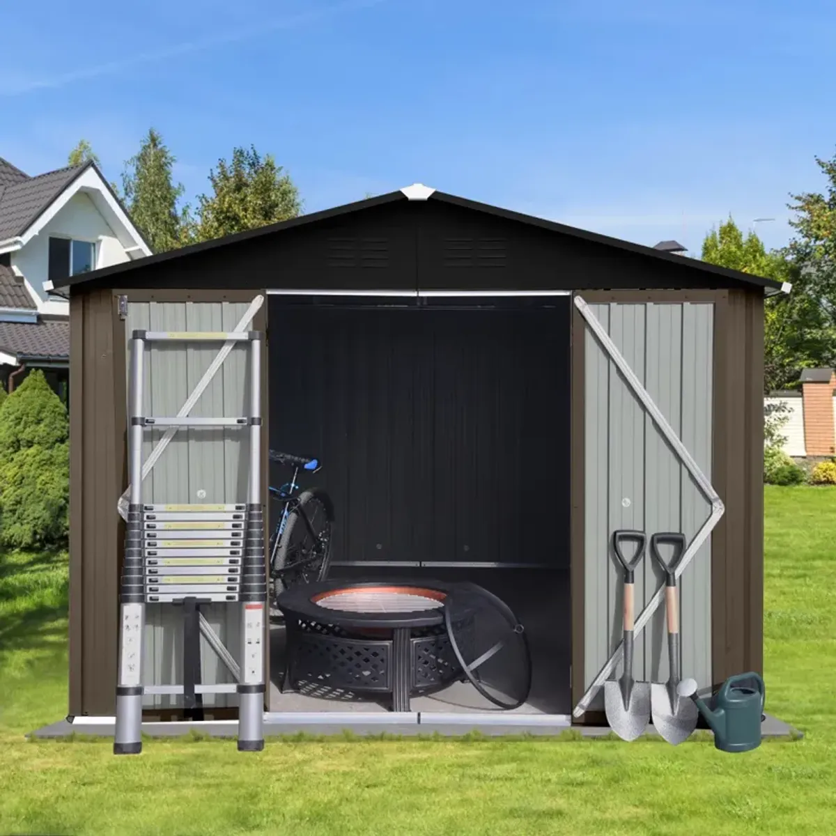 Metal Garden Sheds 10FT×8FT Outdoor Storage Sheds Brown + Black