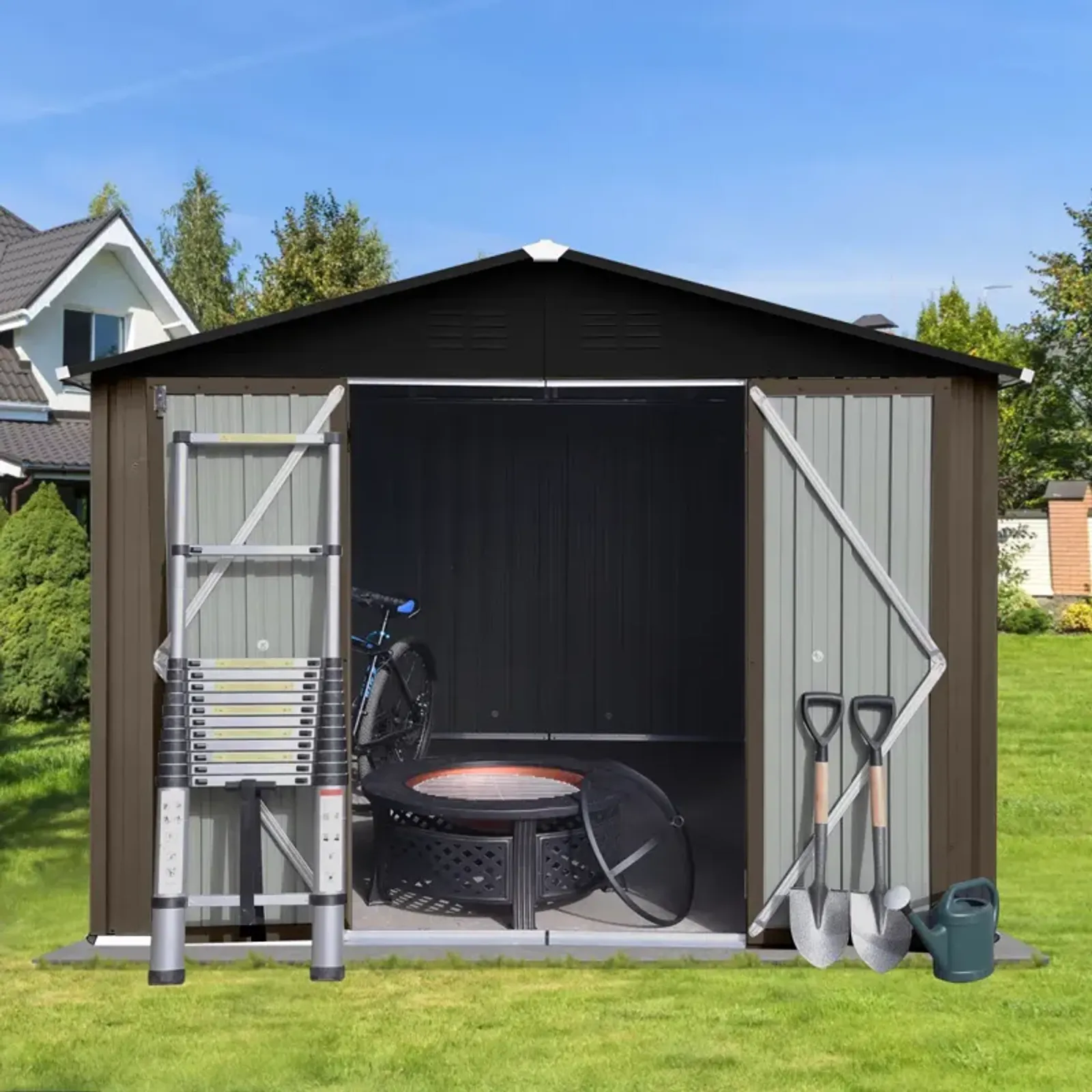 Metal Garden Sheds 10FT×8FT Outdoor Storage Sheds Brown + Black