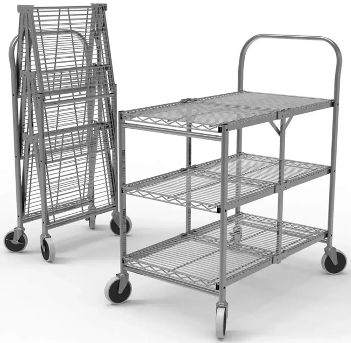 Ergode Collapsible Steel Wire Utility Supply Cart with 3 Shelf, Single-Grab Handle in Polished Chrome Finish - Ideal for Restaurants, Kitchens and Cafe