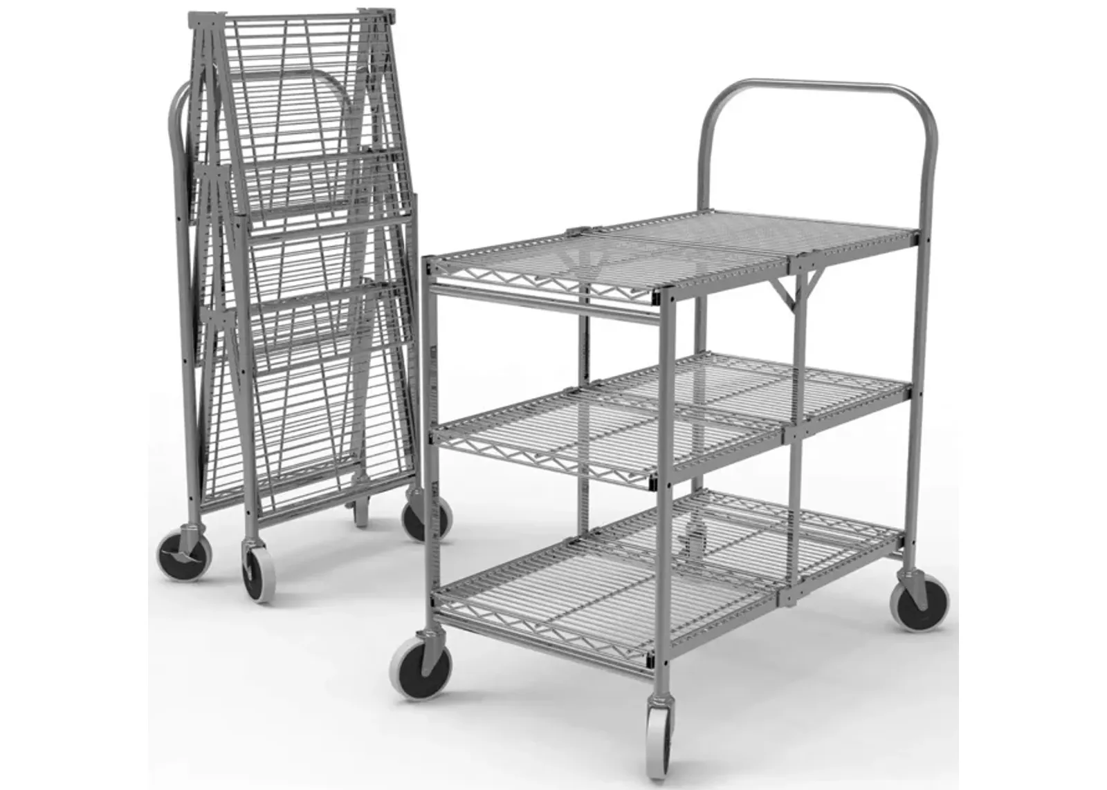 Ergode Collapsible Steel Wire Utility Supply Cart with 3 Shelf, Single-Grab Handle in Polished Chrome Finish - Ideal for Restaurants, Kitchens and Cafe