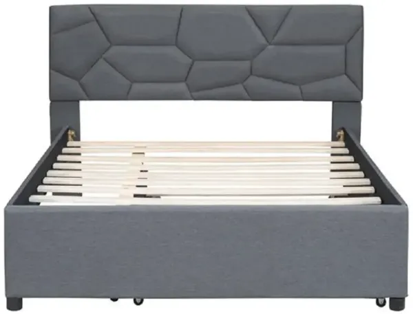 Upholstered Platform Bed with Brick Pattern Headboard and Twin Size Trundle