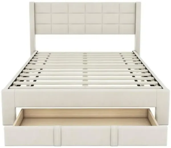 Upholstered Platform Bed with Large Storage Drawer and Sturdy Frame