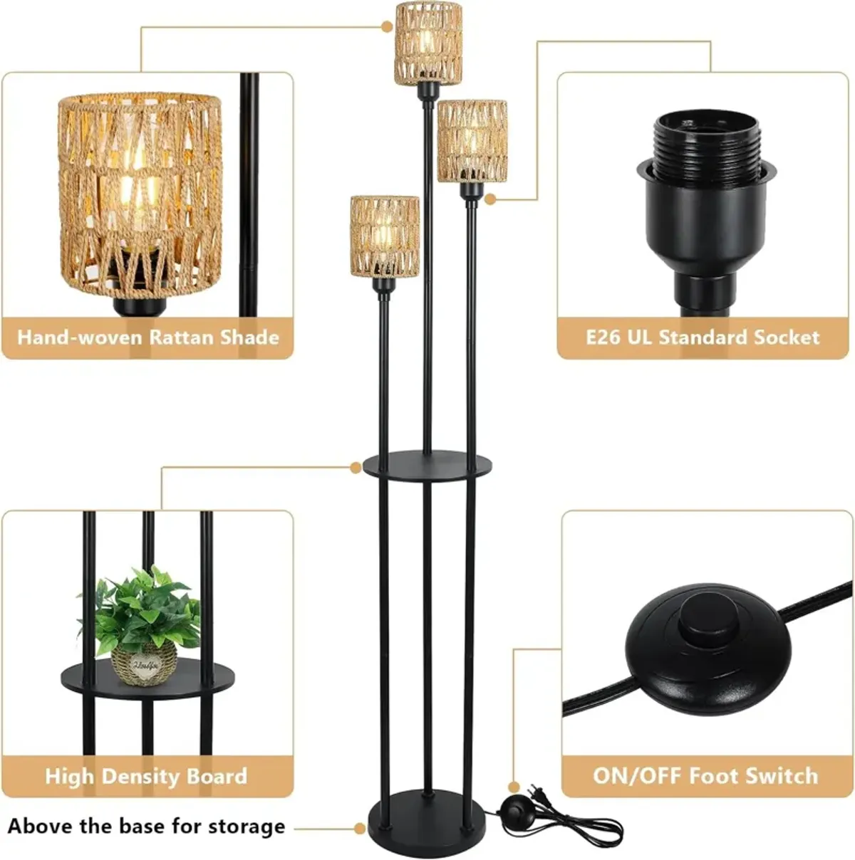 Floor Lamp with Shelves, Modern Floor Lamps for Living Room, 3-Lights Standing Lamp with Linen Shade and Foot Switch, Industrial Standing Lamps for Bedroom, Black Tall Table Lamp for Office