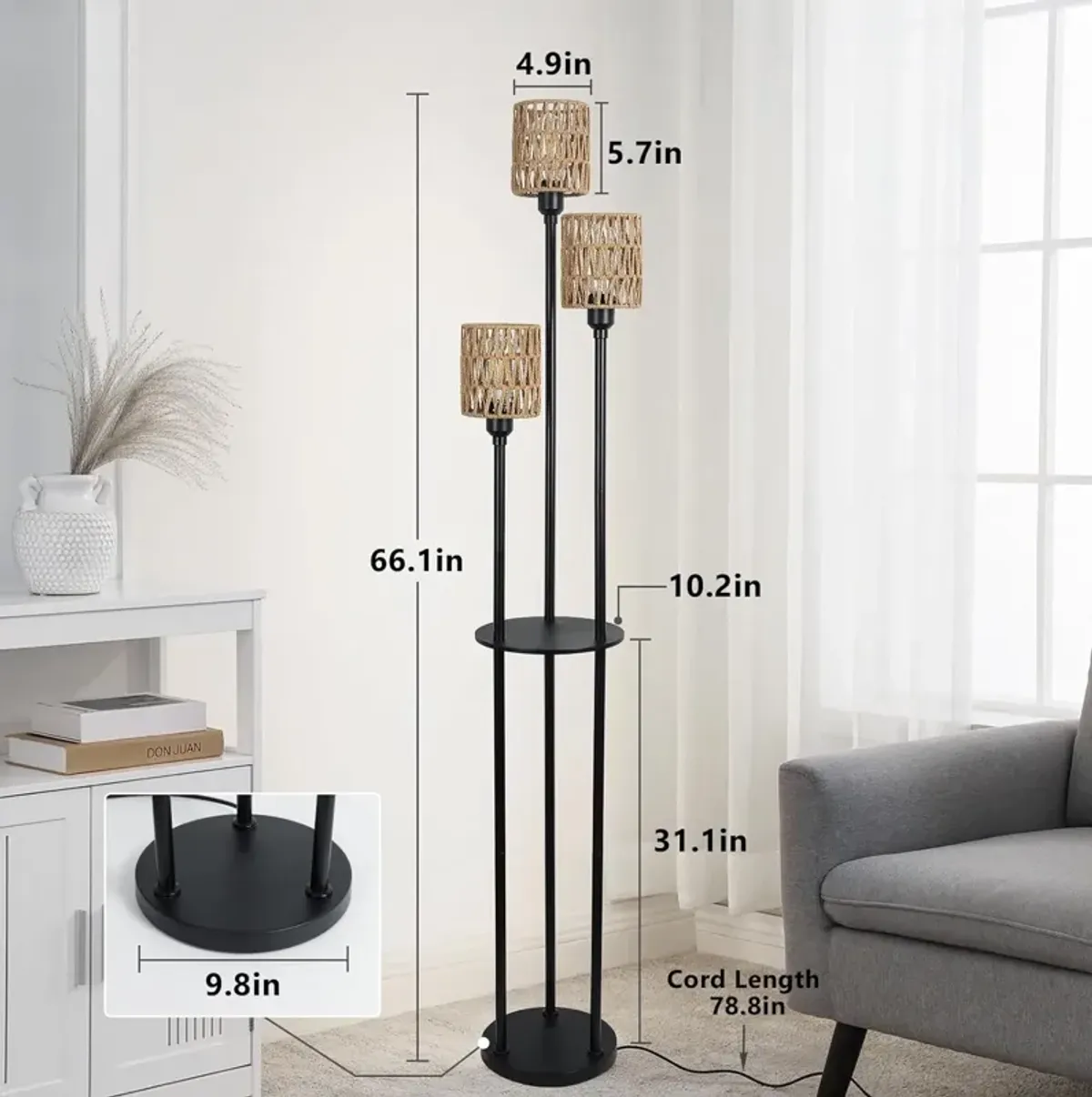 Floor Lamp with Shelves, Modern Floor Lamps for Living Room, 3-Lights Standing Lamp with Linen Shade and Foot Switch, Industrial Standing Lamps for Bedroom, Black Tall Table Lamp for Office