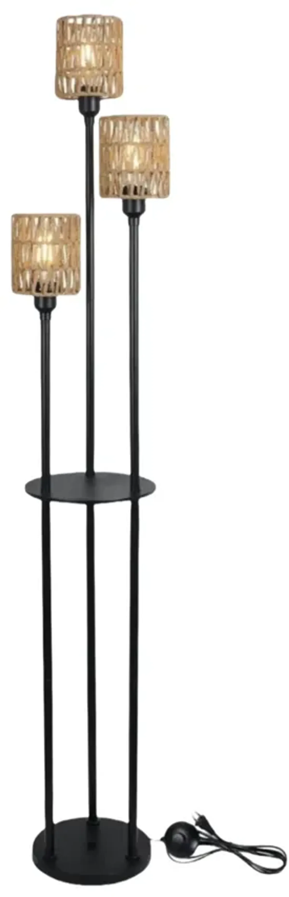 Floor Lamp with Shelves, Modern Floor Lamps for Living Room, 3-Lights Standing Lamp with Linen Shade and Foot Switch, Industrial Standing Lamps for Bedroom, Black Tall Table Lamp for Office