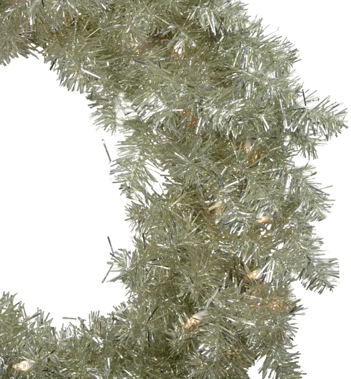 Pre-Lit Metallic Silver and Champagne Artificial Tinsel Christmas Wreath  24 inch  Clear Lights