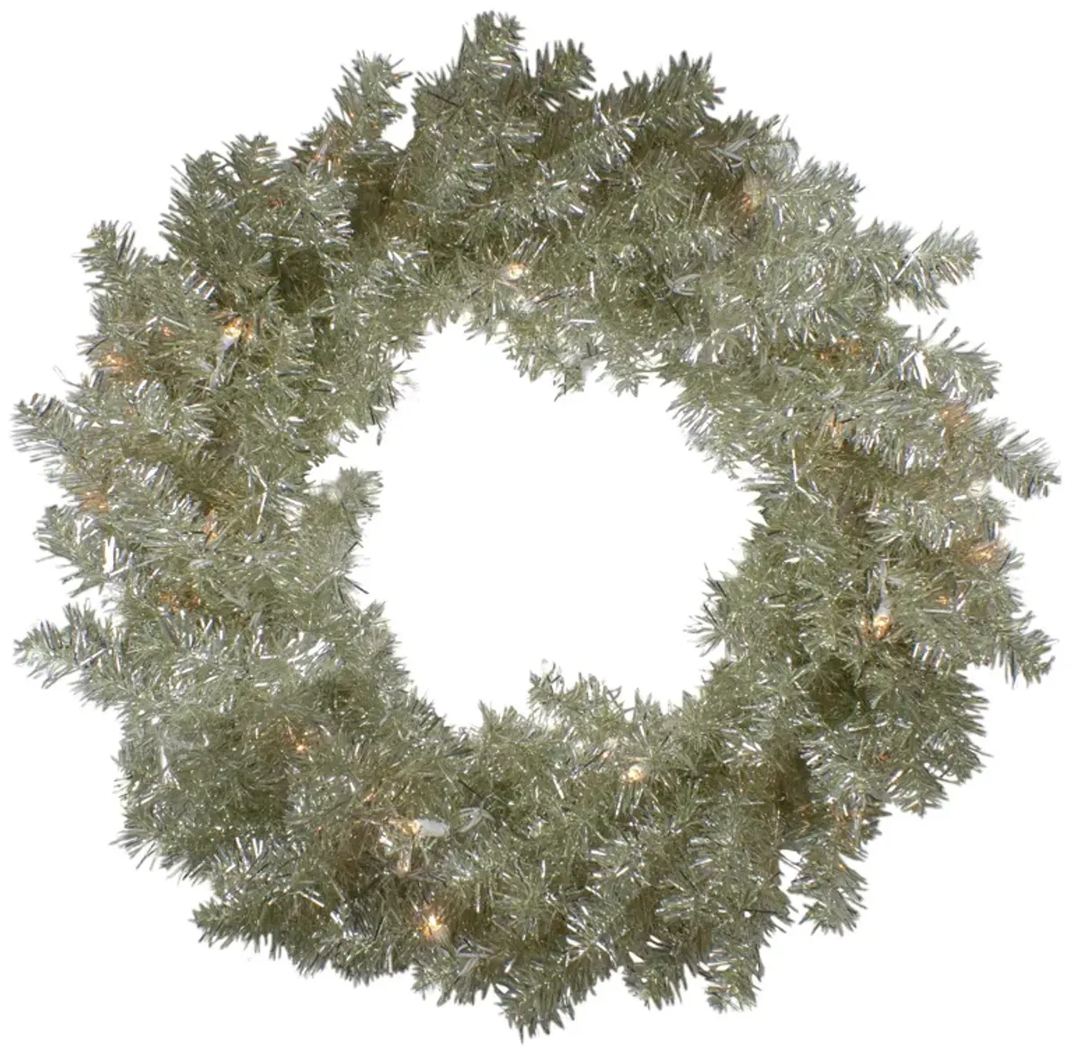 Pre-Lit Metallic Silver and Champagne Artificial Tinsel Christmas Wreath  24 inch  Clear Lights