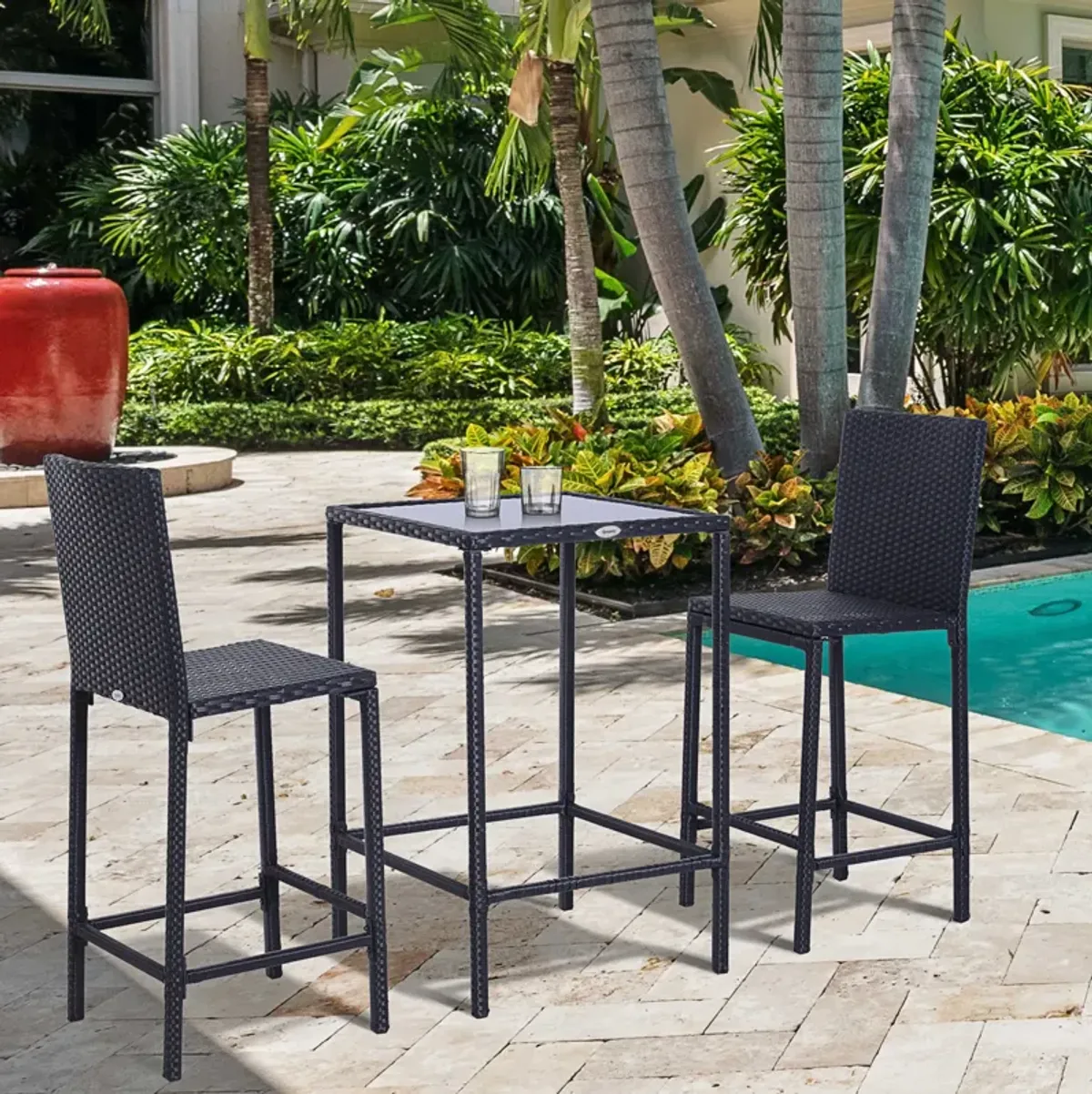 Alfresco Bar Ensemble: 3-Piece Black Wicker Counter Set with Glass Top