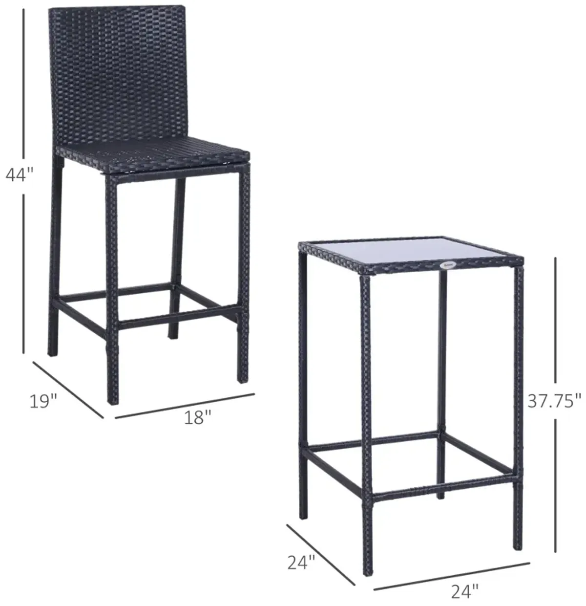 Alfresco Bar Ensemble: 3-Piece Black Wicker Counter Set with Glass Top